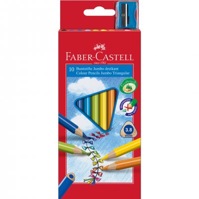 Faber-Castell Цветни моливи Triangular Jumbo, 10 цвята, с включена острилка