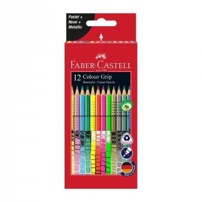 Faber-Castell Акварелни моливи Grip, 12 пастелни, неонови и металикови цвята