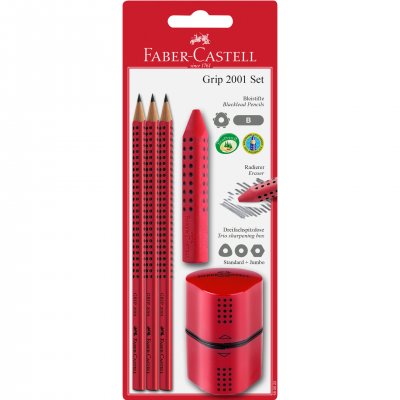 Faber-Castell Молив Grip 2001, чернографитни, B, с гума Grip и острилка Trio, червен, 3 броя