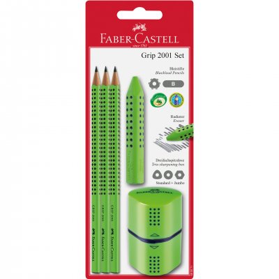 Faber-Castell Молив Grip 2001, чернографитни, B, с гума Grip и острилка Trio, зелен, 3 броя