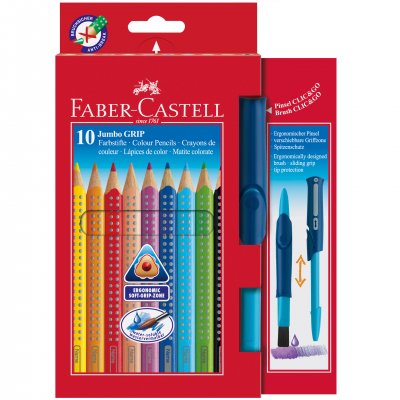 Faber-Castell Цветни моливи Jumbo Grip, 10 цвята, с включена четка за рисуване Clic & Go № 10