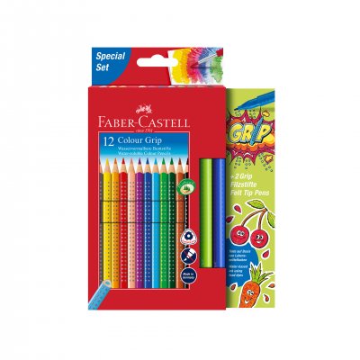 Faber-Castell Акварелни моливи Grip 2001, 12 цветни, в комплект с 2 флумастера Grip