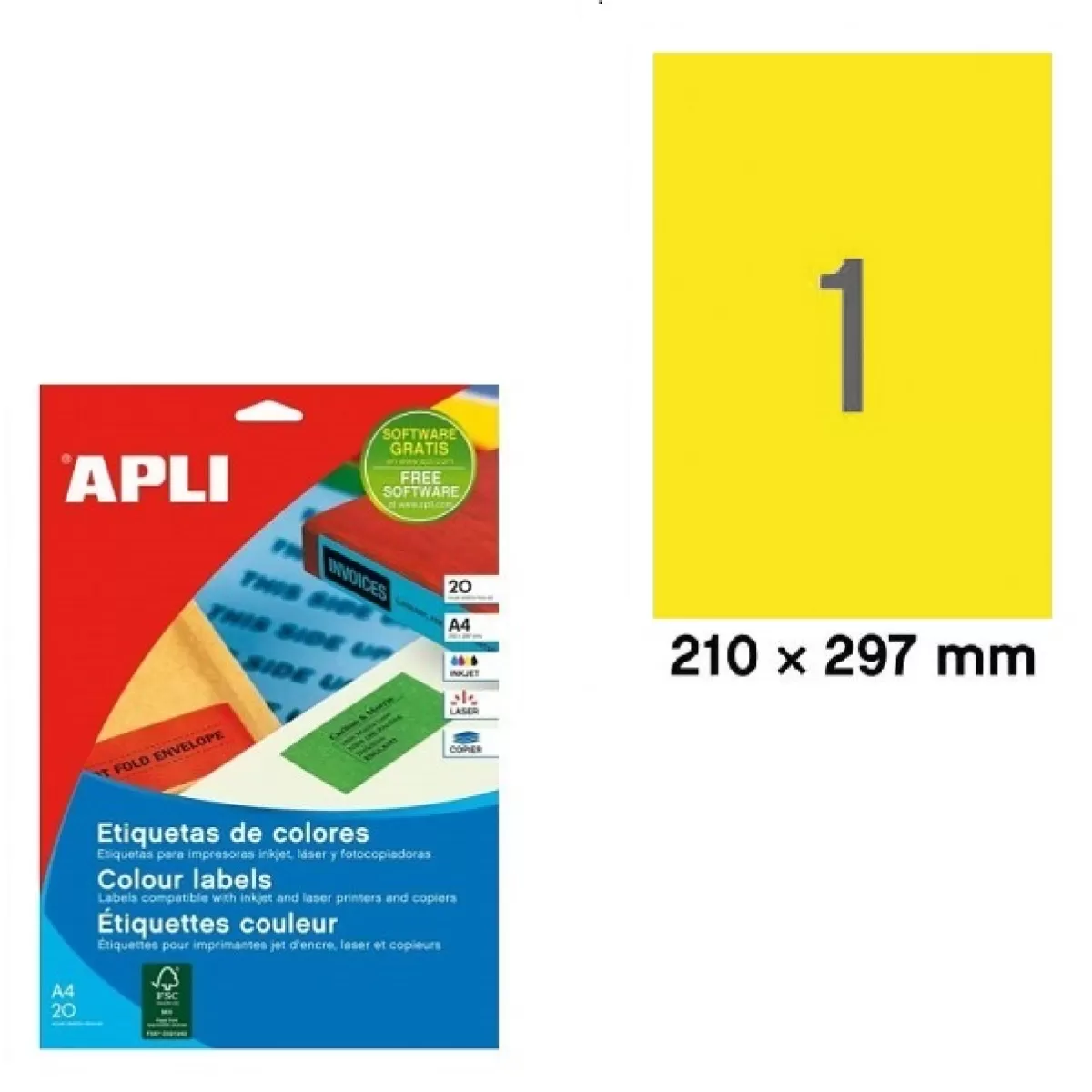 Етикети Apli жълт 210x297 mm А4, 20 л.