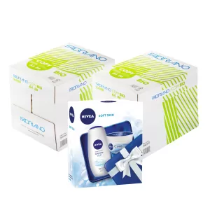 Fabriano Копирна хартия Copy Bio, 100% екологична, A4, 80 g/m2, 500 листа, 10 пакета, в комплект с душ-гел Nivea Soft 250 ml и care крем 100 ml