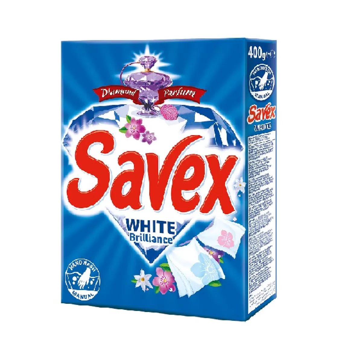 Прах за ръчно бяло пране Savex Diamond Parfum White Brilliance 400 g, в картонена кутийка