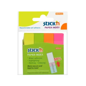 Stick'n Самозалепващи индекси, хартиени, 12 x 50 mm, неонови, 4 цвята, 100 броя