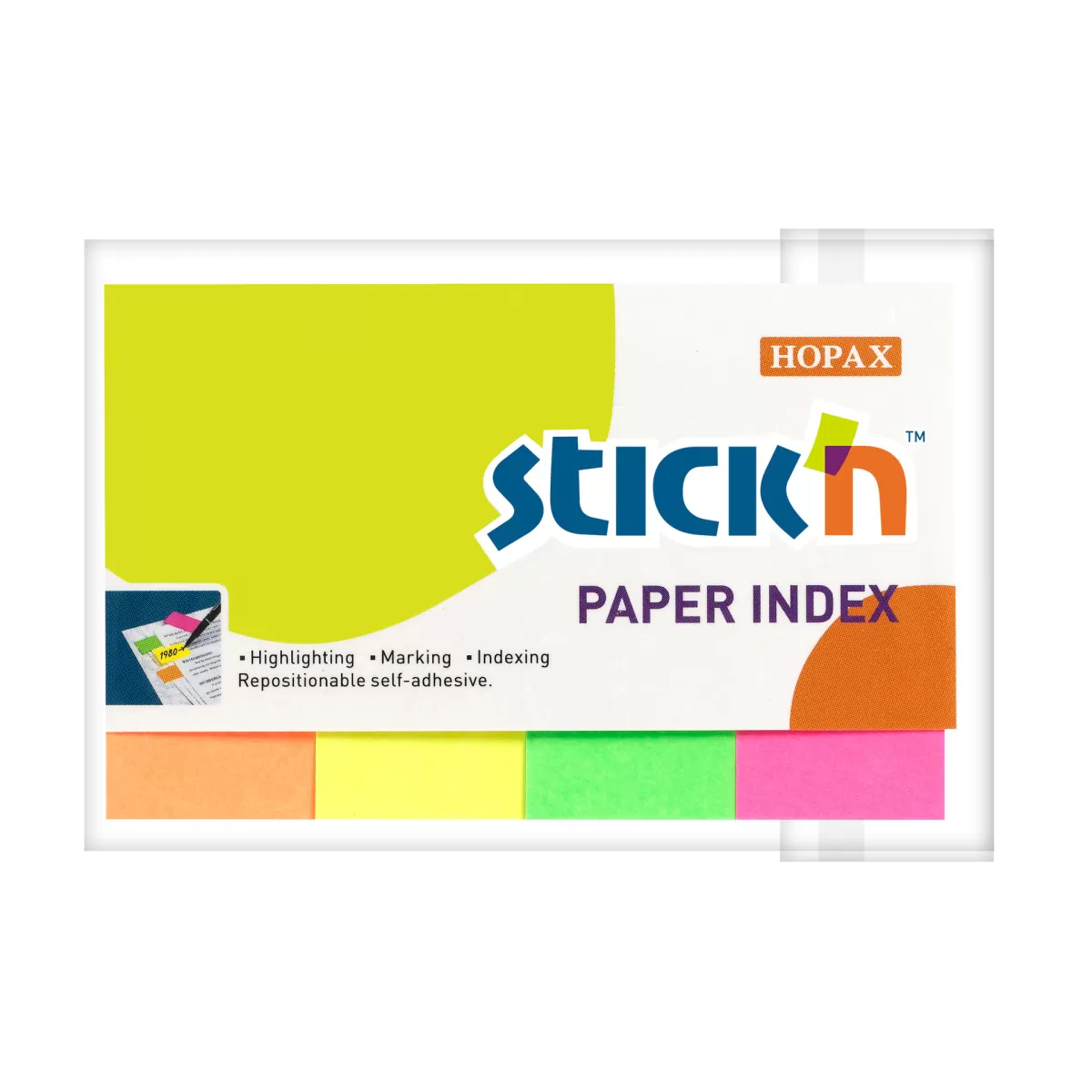 Stick'n Самозалепващи индекси, хартиени, 20 x 50 mm, неонови, 4 цвята, 200 броя