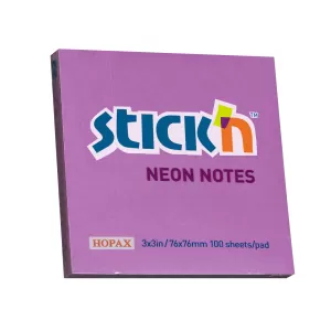 Stick'n Самозалепващи листчета, 76x76 mm, неонови, виолетови, 100 листа