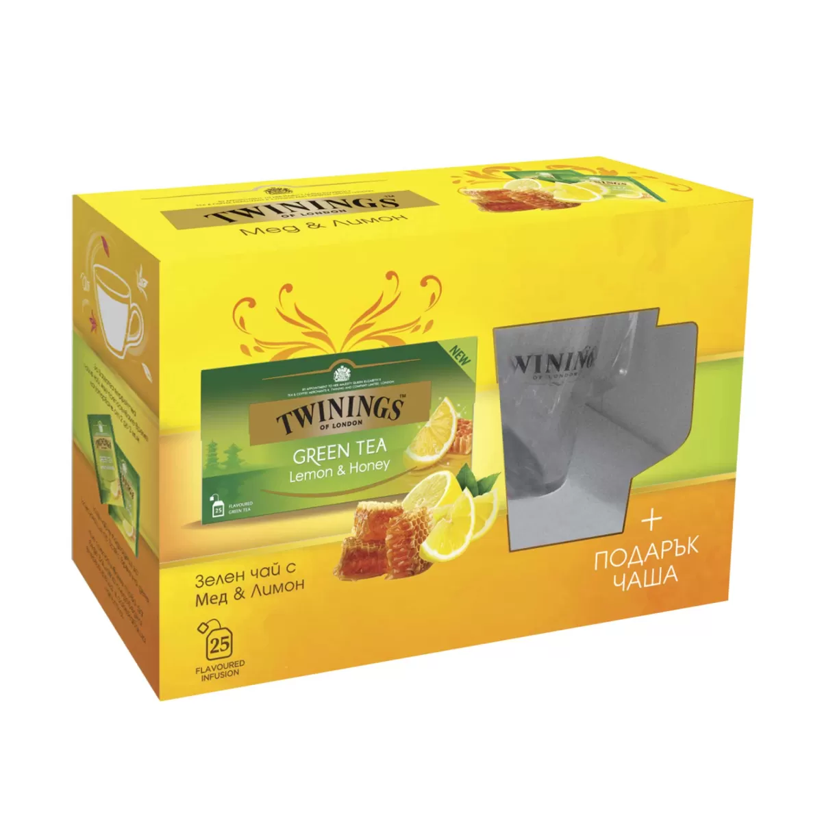 Twinings Чай „Зелен с лимон и мед'', 2 g, в пакетче, 20 броя и чаша